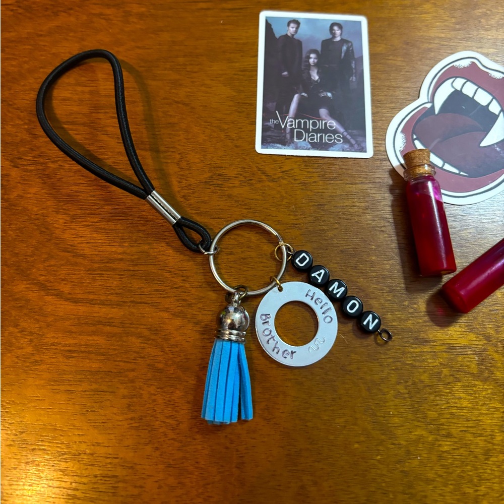 Damon, hello brother keychain blue tassel strap PeacedbyAlise hand stamped fun